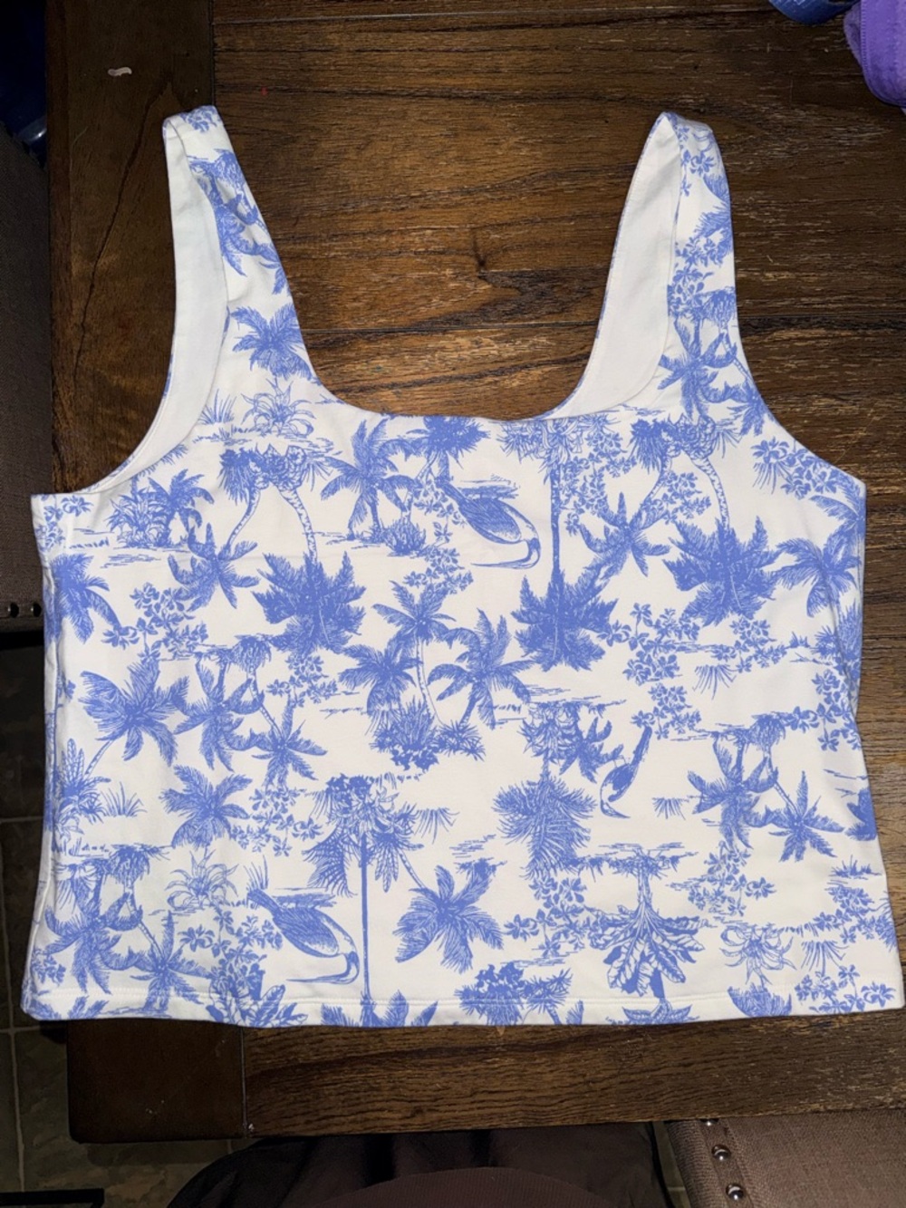 a new day White Crop Tank with Light Blue Tropical Print